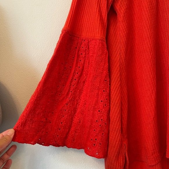 Free People small boho red bell sleeve embroidered blouse v neck eyelet detail - Picture 2 of 6
